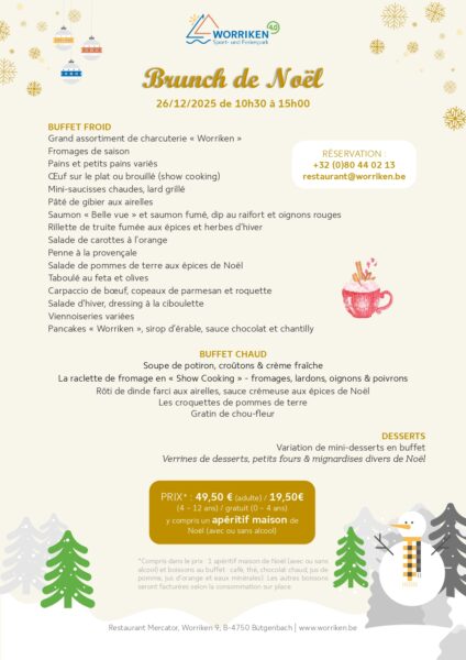 Le menu pour un brunch le deuxième jour de Noël au 26 décembre 2025 à Worriken. Il y a la description du buffet froid, buffet chaud et buffet aux desserts.
