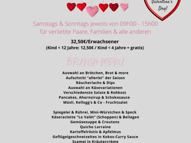 Plakat Valentine Brunch Worriken mit Menü und Reservierungsbedingungen