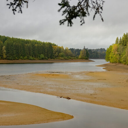 See mit niedrigem Wasserstand - im Hintergrund die Kirche von Bütgenbach