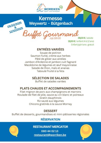 Menu du buffet gourmand à l'occasion de la kermesse à Weywertz & Bütgenbach