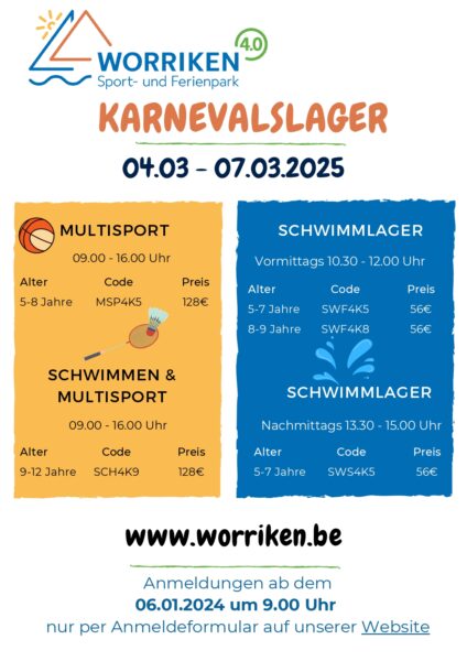 Plakat mit Infromationen zum Karnevalslager, dass in Worriken stattfindet vom 4. März bis zum 7.März 2025