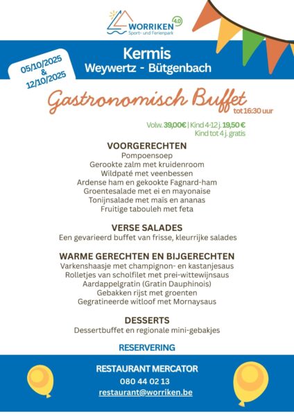 Menu van het gastronomisch buffet in Worriken op 5 en 12 oktober
