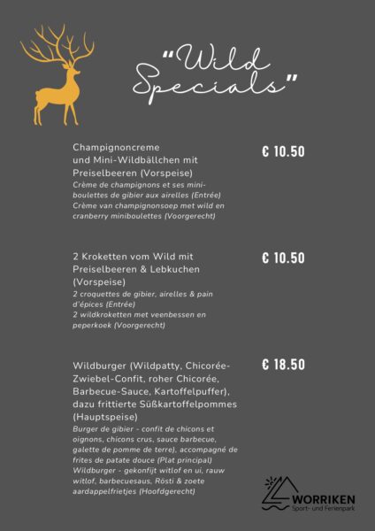 Menü mit dem Titel „Wild Specials“ mit insgesamt drei Gerichten, neben denen ein Preis steht